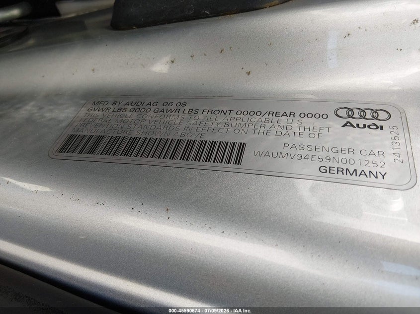 2009 Audi A8 VIN WAUMV94E59N001252 IAAI salvage auction — NORMAL WEAR, Clear - Dealer Only (California), sold $375 on 2026-07-29 (photo 9)