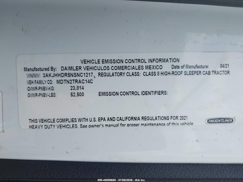 2022 Freightliner New cascadia 126 VIN 3AKJHHDR5NSNC1217 IAAI salvage auction — UNKNOWN, Clear (Indiana), sold $9,600 on 2026-07-22 (photo 8)