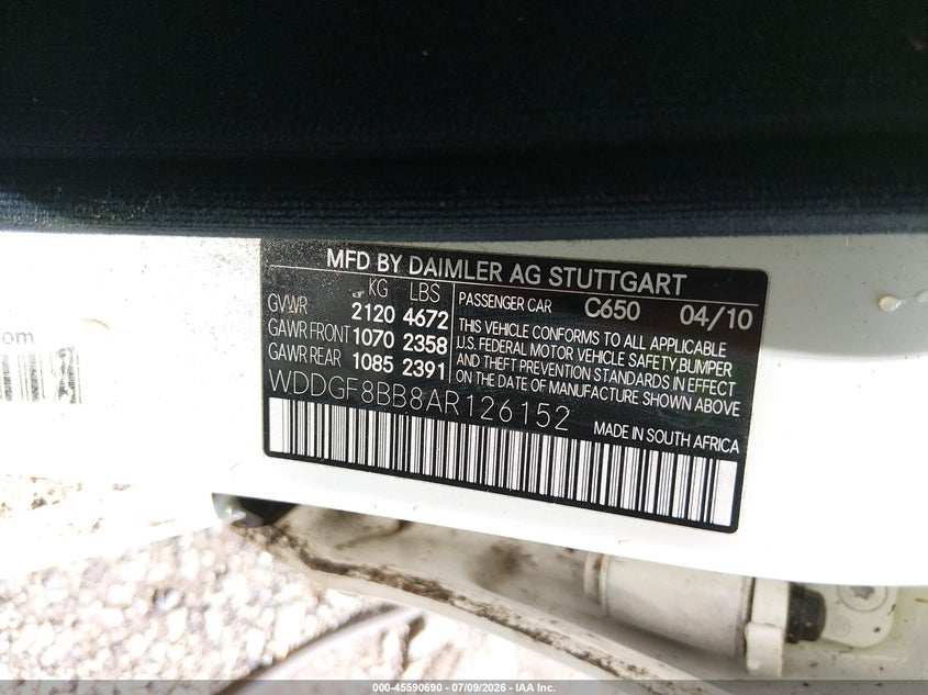 2010 Mercedes-benz C class VIN WDDGF8BB8AR126152 IAAI salvage auction — NORMAL WEAR, Clear (Florida), sold $450 on 2026-07-31 (photo 9)