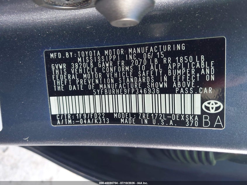 2015 Toyota Corolla VIN 5YFBURHE9FP346936 IAAI salvage auction — FRONT END, Salvage (California), sold $4,150 on 2026-07-30 (photo 9)