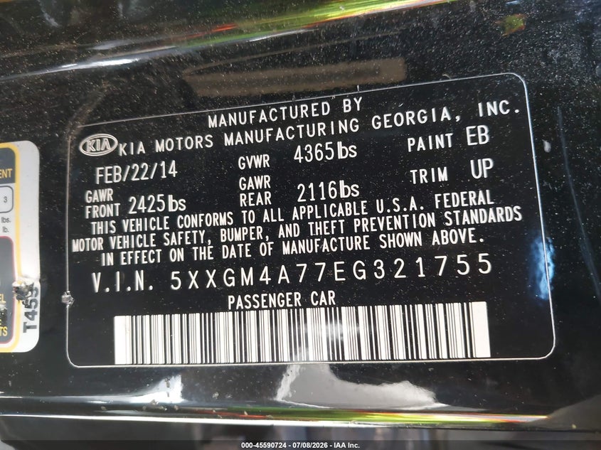 2014 Kia Optima VIN 5XXGM4A77EG321755 IAAI salvage auction — NORMAL WEAR, Salvage Title - Dealer (California), sold $1,025 on 2026-07-29 (photo 9)