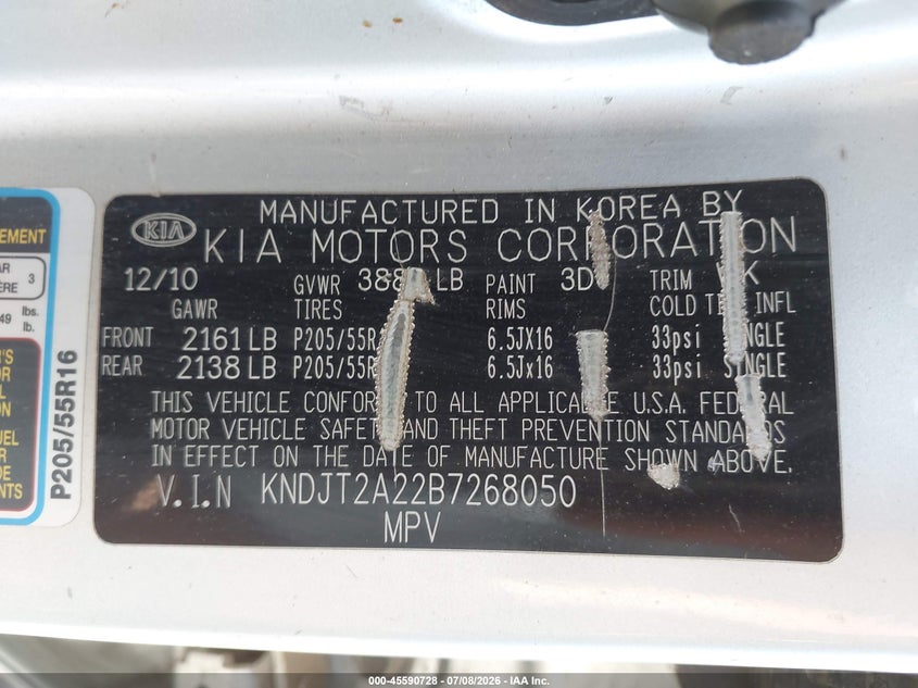 2011 Kia Soul VIN KNDJT2A22B7268050 IAAI salvage auction — NORMAL WEAR, Clear - Dealer Only (California), sold $850 on 2026-07-14 (photo 9)