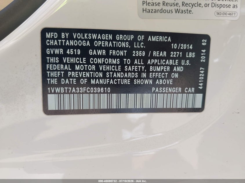 2015 Volkswagen Passat VIN 1VWBT7A33FC039610 IAAI salvage auction — RIGHT FRONT, Salvage Title, sold $2,000 on 2026-07-20 (photo 9)