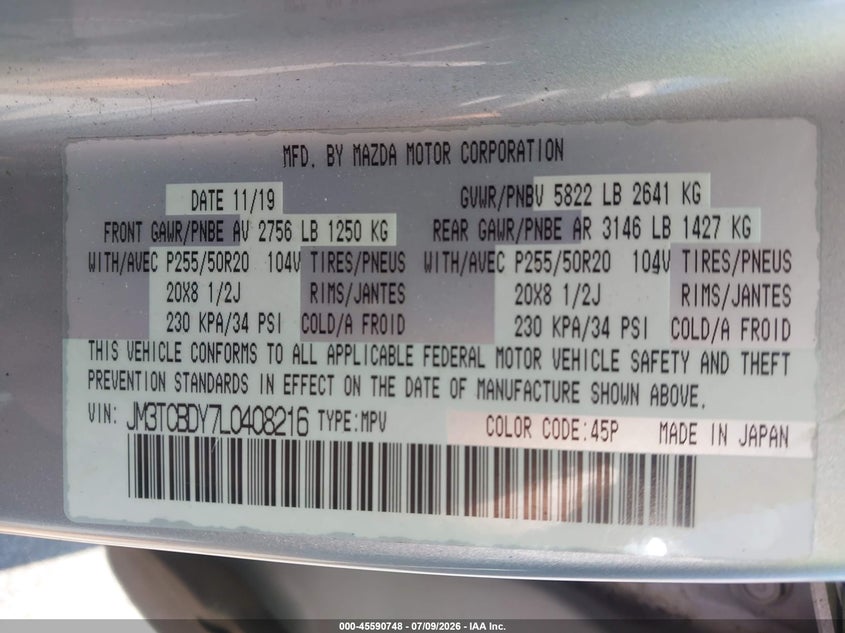 2020 Mazda Cx-9 VIN JM3TCBDY7L0408216 IAAI salvage auction — SIDE, Salvage (North Carolina), sold $6,400 on 2026-07-30 (photo 9)