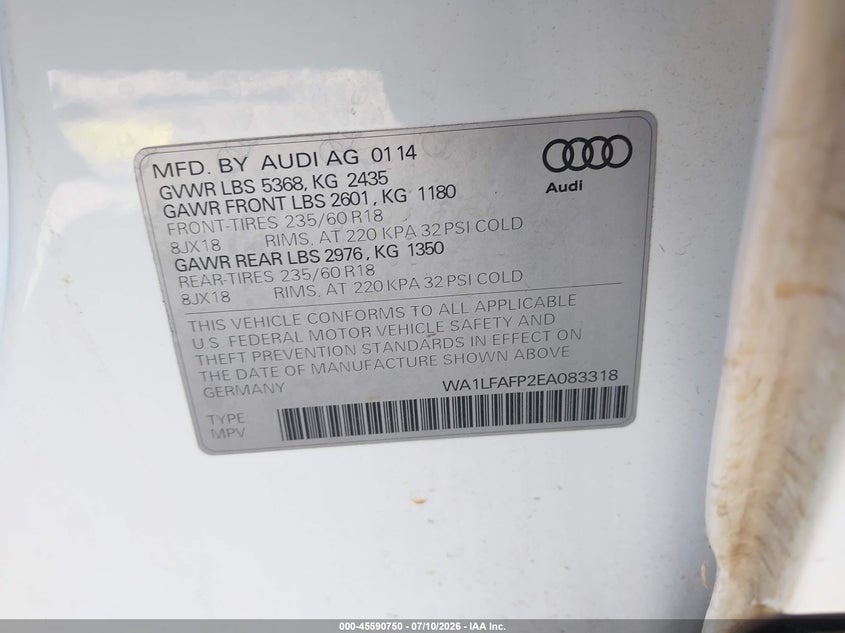 2014 Audi Q5 VIN WA1LFAFP2EA083318 IAAI salvage auction — NORMAL WEAR, Clear-Dealer Only (North Carolina), sold $2,050 on 2026-07-16 (photo 9)
