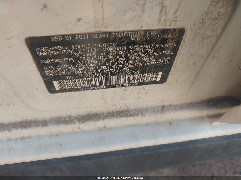 2015 Subaru Xv VIN JF2GPACC1F9218654 IAAI salvage auction — NORMAL WEAR, Clear (Colorado), sold $675 on 2026-07-28 (photo 9)