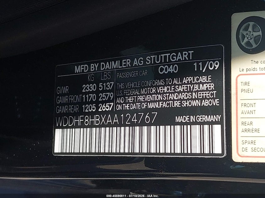 2010 Mercedes-benz E-class VIN WDDHF8HBXAA124767 IAAI salvage auction — NORMAL WEAR, Clear (Mississippi), sold $1,800 on 2026-07-30 (photo 9)