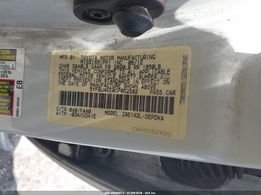 2012 Toyota Corolla VIN 5YFBU4EE0CP062582 IAAI salvage auction — FRONT & REAR, Rebuildable (Florida), sold $25 on 2026-07-23 (photo 9)