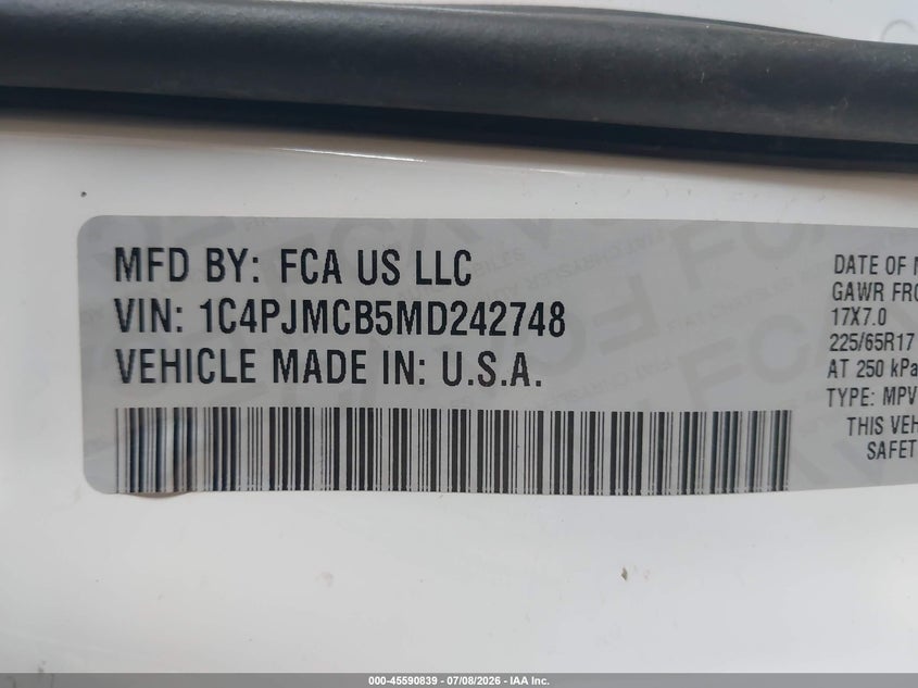 2021 Jeep Cherokee VIN 1C4PJMCB5MD242748 IAAI salvage auction — NORMAL WEAR, Sf97 (South Dakota), sold $9,450 on 2026-09-16 (photo 9)