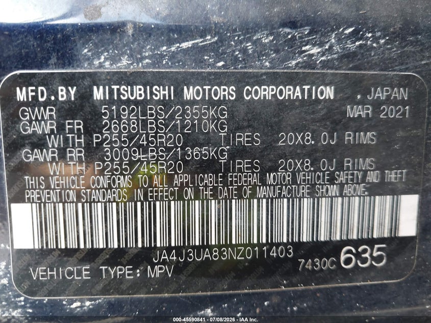 2022 Mitsubishi Outlander VIN JA4J3UA83NZ011403 IAAI salvage auction — FRONT END, Rebuildable (Florida), sold $4,650 on 2026-09-10 (photo 9)