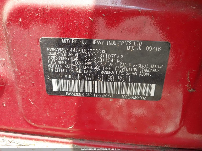 2017 Subaru Wrx VIN JF1VA1L61H9818911 IAAI salvage auction — NORMAL WEAR, Salvage Title, sold $1,550 on 2026-07-30 (photo 9)