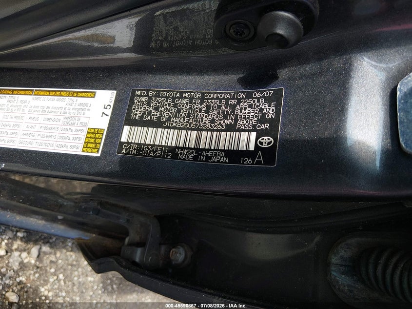 2007 Toyota Prius VIN JTDKB20U573283263 IAAI salvage auction — NORMAL WEAR, Clear (Florida), sold $825 on 2026-07-29 (photo 9)
