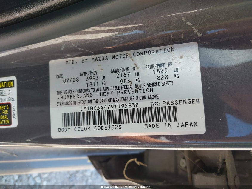 2009 Mazda 3 VIN JM1BK344791195832 IAAI salvage auction — NORMAL WEAR, Clear (Missouri), sold $450 on 2026-07-27 (photo 9)