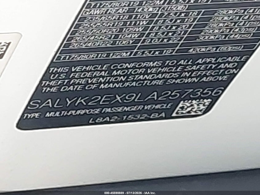 2020 Land rover Range rover velar VIN SALYK2EX9LA257356 IAAI salvage auction — REAR END, Salvage Title, sold $13,000 on 2026-09-08 (photo 9)