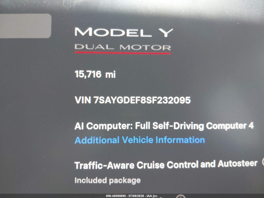 2025 Tesla Model y VIN 7SAYGDEF8SF232095 IAAI salvage auction — REAR END, Salvage Title, sold $15,950 on 2026-08-01 (photo 7)