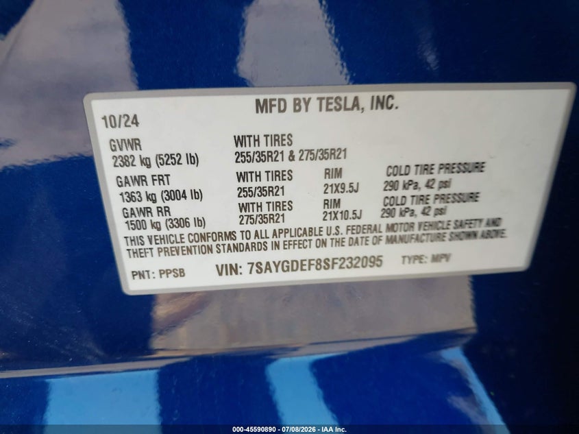 2025 Tesla Model y VIN 7SAYGDEF8SF232095 IAAI salvage auction — REAR END, Salvage Title, sold $15,950 on 2026-08-01 (photo 9)