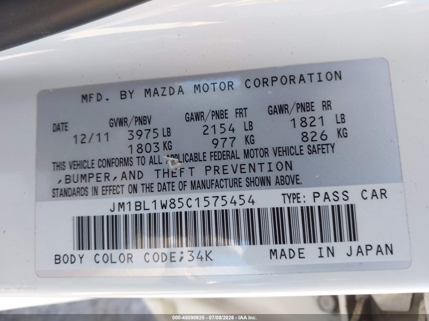 2012 Mazda 3 VIN JM1BL1W85C1575454 IAAI salvage auction — RIGHT FRONT, Salvage Title, sold $900 on 2026-07-31 (photo 9)