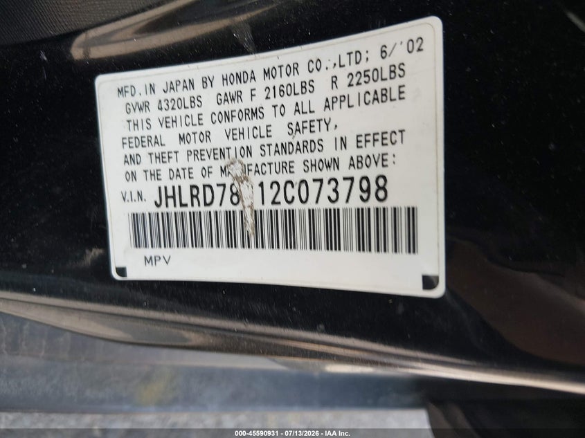 2002 Honda Cr-v VIN JHLRD78812C073798 IAAI salvage auction — FRONT END, Clear (New Jersey), sold $475 on 2026-07-30 (photo 9)