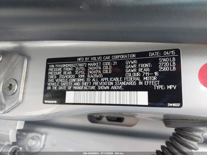 2016 Volvo Xc60 VIN YV449MDM0G2778872 IAAI salvage auction — THEFT, Salvage Title, sold $1,600 on 2026-07-30 (photo 9)