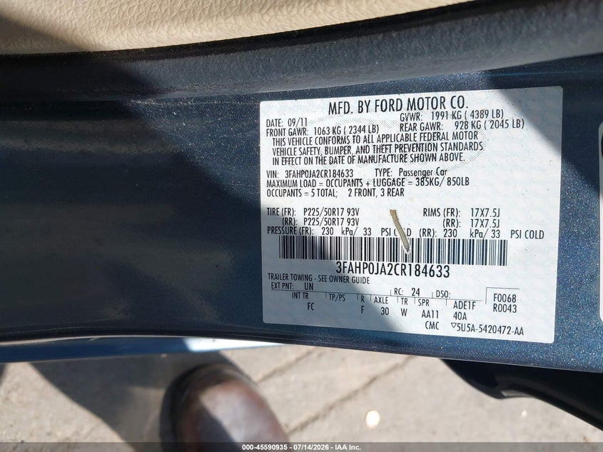 2012 Ford Fusion VIN 3FAHP0JA2CR184633 IAAI salvage auction — FRONT END, Salvage (North Carolina), sold $850 on 2026-07-31 (photo 9)