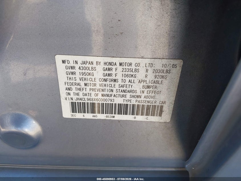2006 Acura Tsx VIN JH4CL968X6C000793 IAAI salvage auction — NORMAL WEAR, Clear - Dealer Only (California), sold $375 on 2026-07-29 (photo 9)