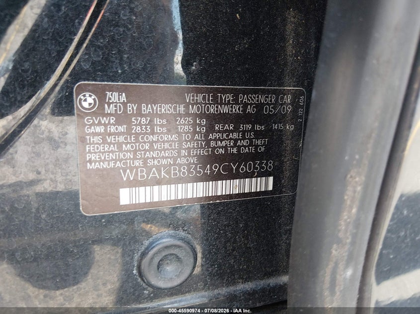 2009 BMW 7 series VIN WBAKB83549CY60338 IAAI salvage auction — FRONT END, Clear (Georgia), sold $1,000 on 2026-07-22 (photo 9)