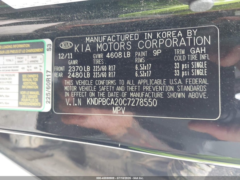 2012 Kia Sportage VIN KNDPBCA20C7278550 IAAI salvage auction — NORMAL WEAR, Clear (Michigan), sold $1,350 on 2026-07-16 (photo 9)