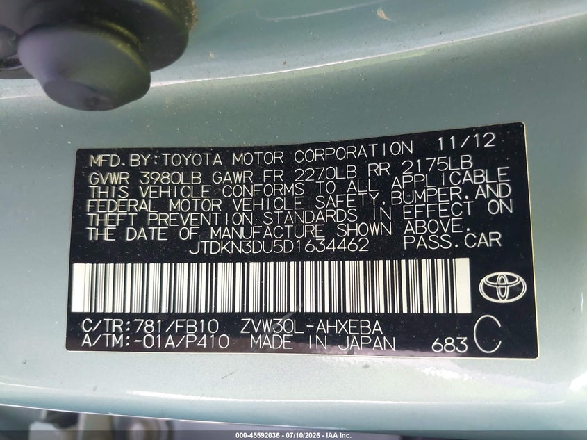 2013 Toyota Prius VIN JTDKN3DU5D1634462 IAAI salvage auction — REAR END, Salvage Title, sold $625 on 2026-07-28 (photo 9)