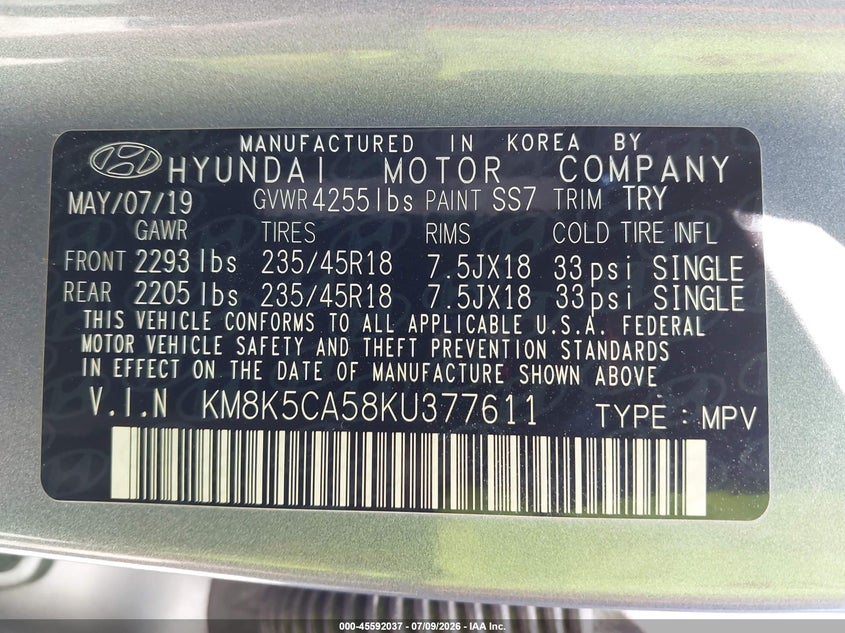 2019 Hyundai Kona VIN KM8K5CA58KU377611 IAAI salvage auction — RIGHT FRONT, Bill Of Sale (Washington), sold $3,050 on 2026-08-02 (photo 9)