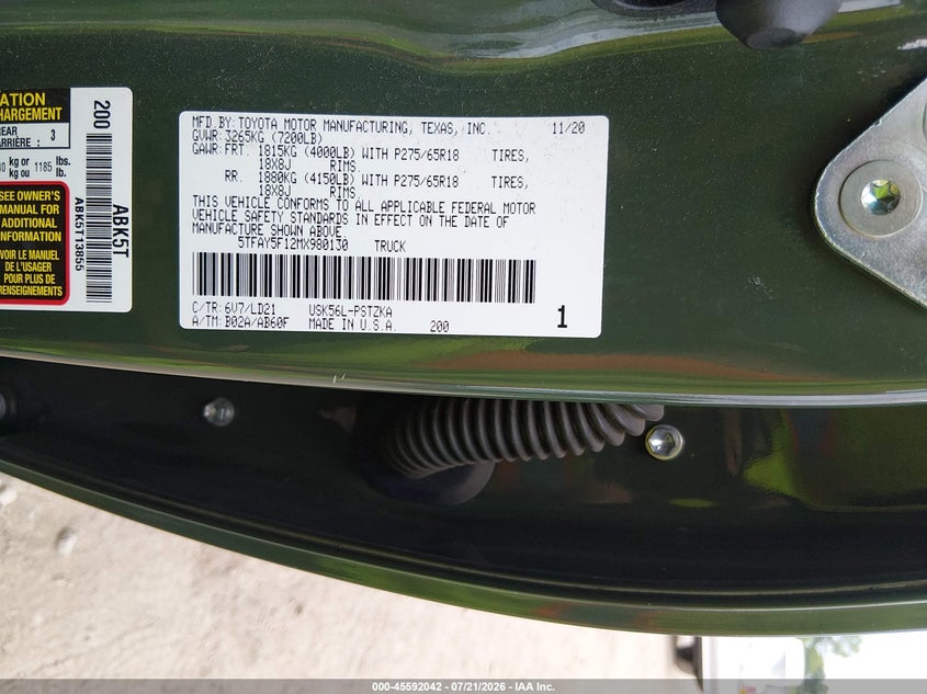 2021 Toyota Tundra VIN 5TFAY5F12MX980130 IAAI salvage auction — SIDE, Salvage Title, sold $20,300 on 2026-07-31 (photo 9)