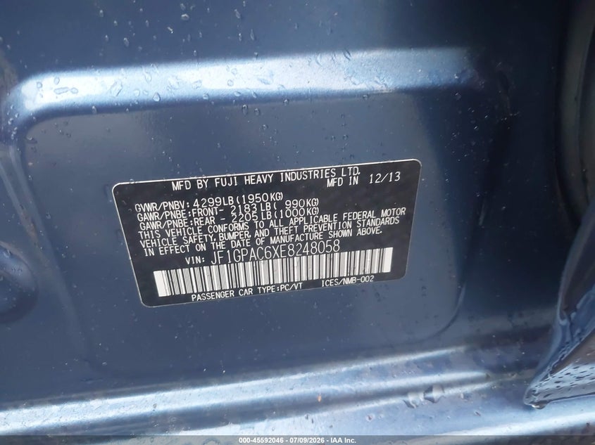 2014 Subaru Impreza VIN JF1GPAC6XE8248058 IAAI salvage auction — NORMAL WEAR, Clear (New York), sold $25 on 2026-07-28 (photo 9)