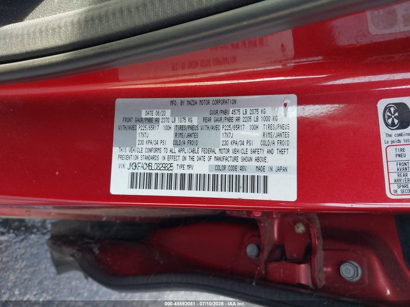 2020 Mazda Cx-5 VIN JM3KFACM6L0829825 IAAI salvage auction — NORMAL WEAR, Clear (Georgia), sold $9,100 on 2026-07-15 (photo 9)