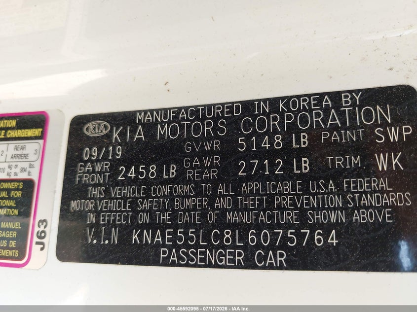 2020 Kia Stinger VIN KNAE55LC8L6075764 IAAI salvage auction — NORMAL WEAR, Salvage Rebuilt (North Carolina), sold $5,450 on 2026-07-30 (photo 9)