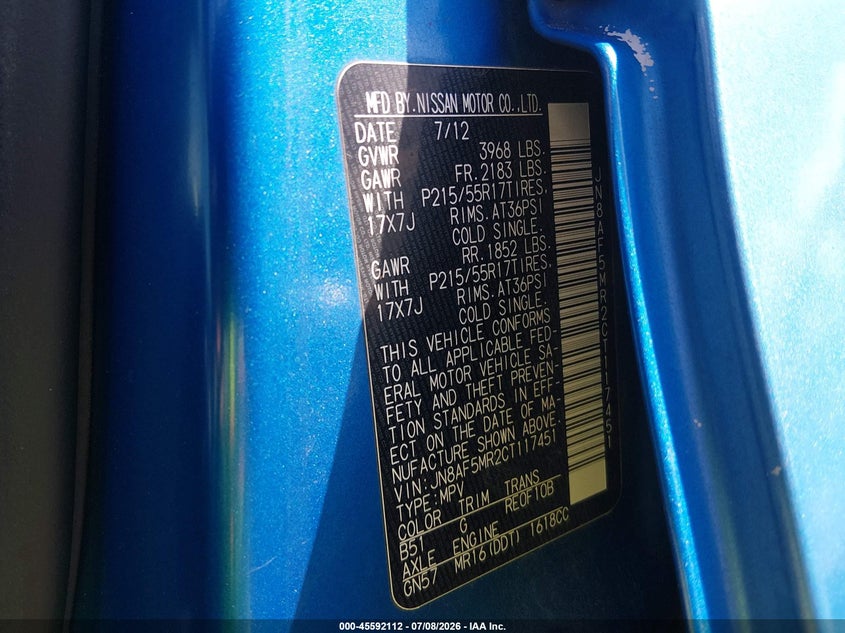 2012 Nissan Juke VIN JN8AF5MR2CT117451 IAAI salvage auction — NORMAL WEAR, Clear (Texas), sold $25 on 2026-07-23 (photo 9)