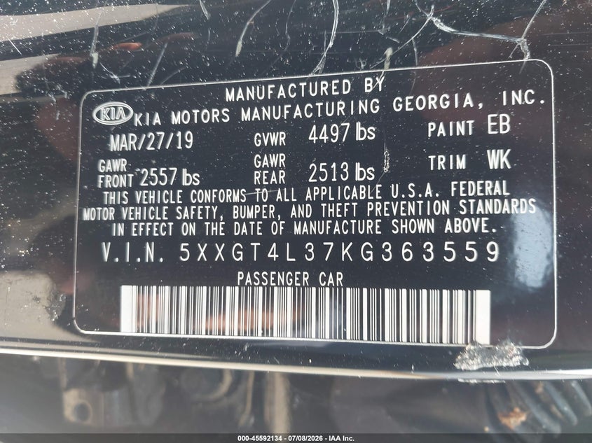 2019 Kia Optima VIN 5XXGT4L37KG363559 IAAI salvage auction — RIGHT FRONT, Salvage Title, sold $500 on 2026-07-16 (photo 9)