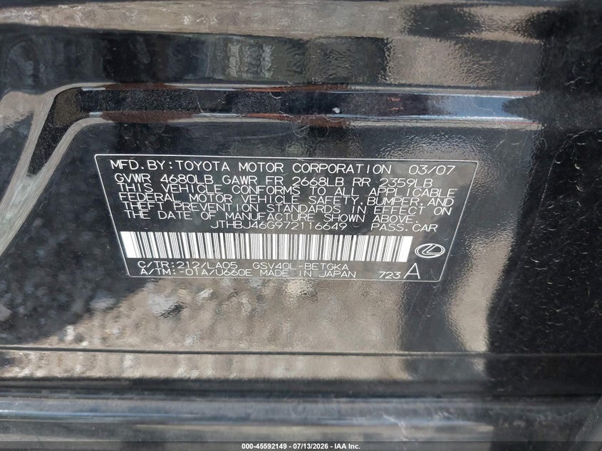 2007 Lexus Es 350 VIN JTHBJ46G972116649 IAAI salvage auction — NORMAL WEAR, Clear (Missouri), sold $700 on 2026-07-30 (photo 9)