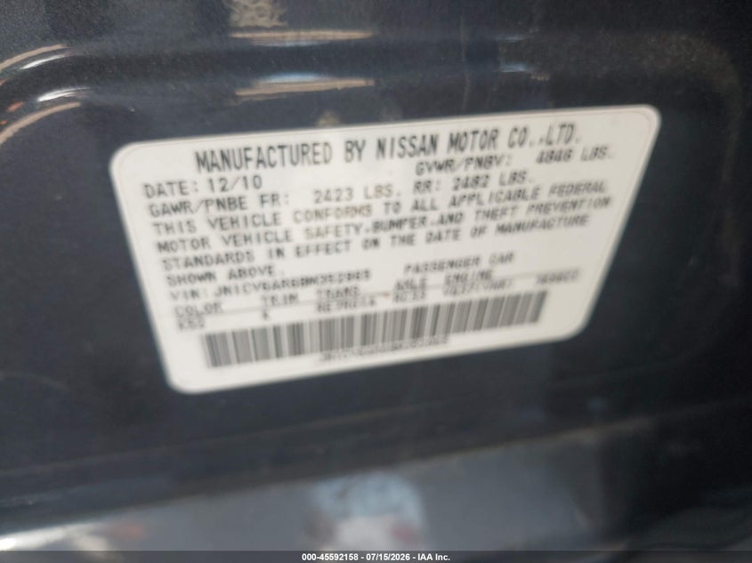 2011 Infiniti G37 VIN JN1CV6AR6BM352965 IAAI salvage auction — NORMAL WEAR, Clear (Colorado), sold $1,025 on 2026-08-01 (photo 9)