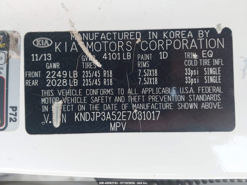 2014 Kia Soul VIN KNDJP3A52E7031017 IAAI salvage auction — NORMAL WEAR, Clear (Illinois), sold $1,300 on 2026-07-15 (photo 9)