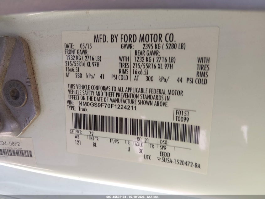 2015 Ford Transit VIN NM0GS9F70F1224211 IAAI salvage auction — NORMAL WEAR, Salvage Title, sold $275 on 2026-07-28 (photo 9)