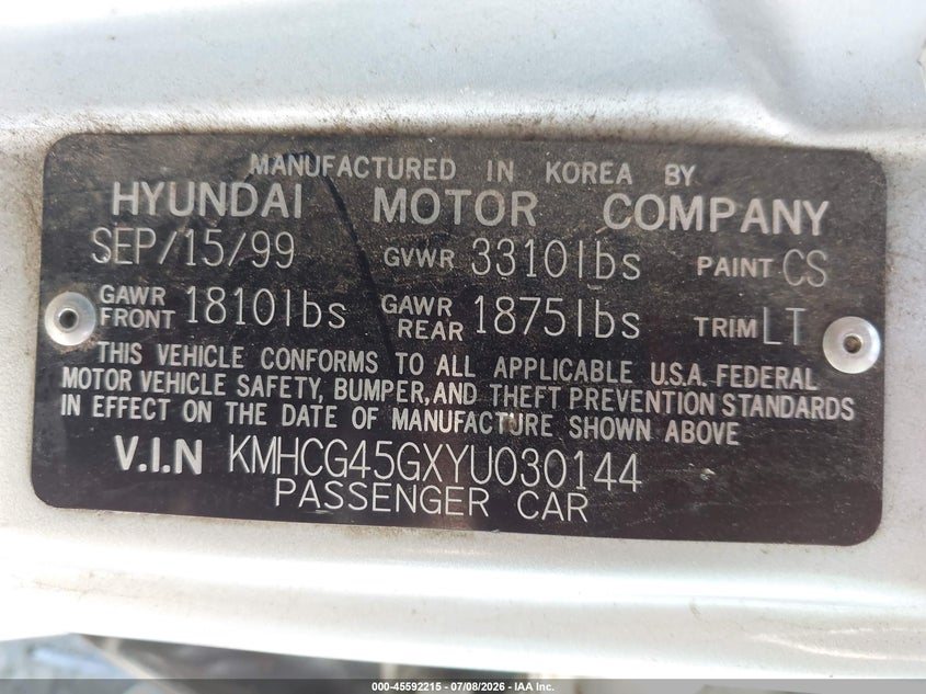 2000 Hyundai Accent VIN KMHCG45GXYU030144 IAAI salvage auction — NORMAL WEAR, Clear - Dealer Only (California), sold $375 on 2026-07-29 (photo 9)