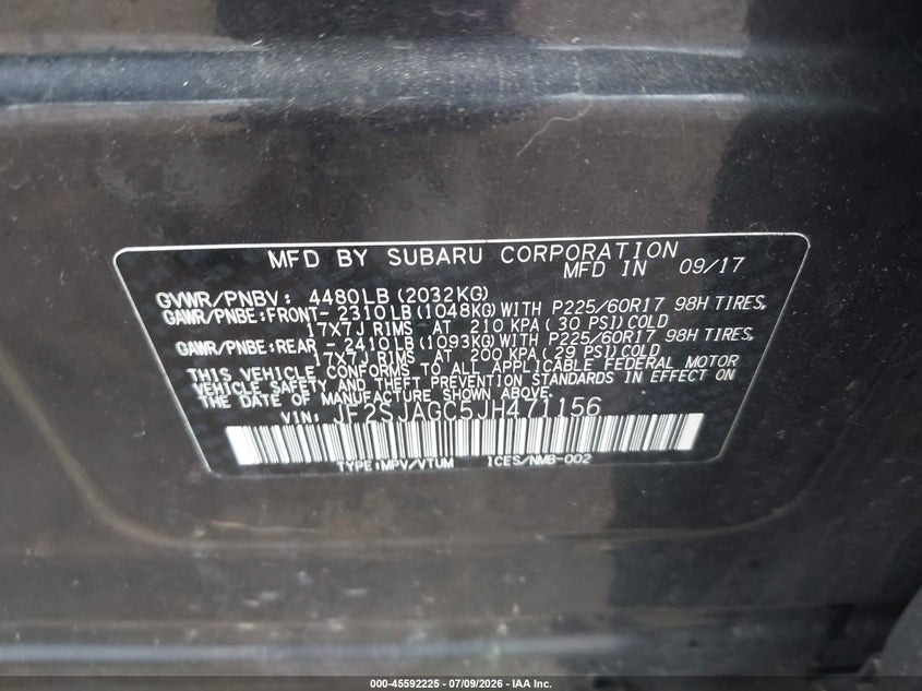 2018 Subaru Forester VIN JF2SJAGC5JH471156 IAAI salvage auction — UNKNOWN, Salvage Title, sold $3,500 on 2026-07-24 (photo 9)