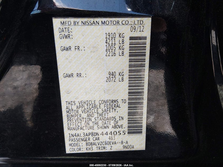 2013 Nissan Altima VIN 1N4AL3AP8DN444055 IAAI salvage auction — LEFT FRONT, Bill Of Sale (Washington), sold $1,050 on 2026-07-30 (photo 9)