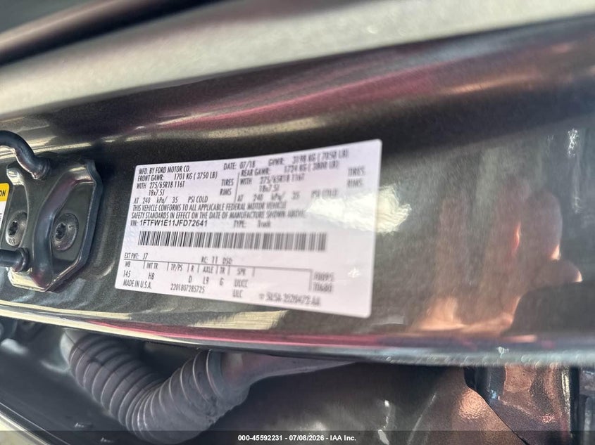 2018 Ford F-150 VIN 1FTFW1E11JFD72641 IAAI salvage auction — NORMAL WEAR, Salvage Title, sold $25 on 2026-07-15 (photo 9)