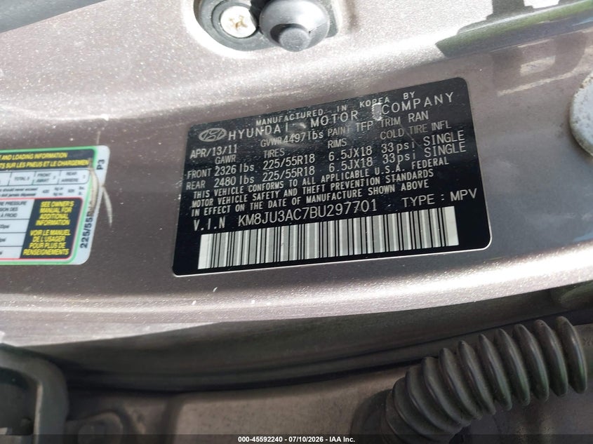 2011 Hyundai Tucson VIN KM8JU3AC7BU297701 IAAI salvage auction — REAR END, Rebuildable (Florida), sold $100 on 2026-07-29 (photo 9)