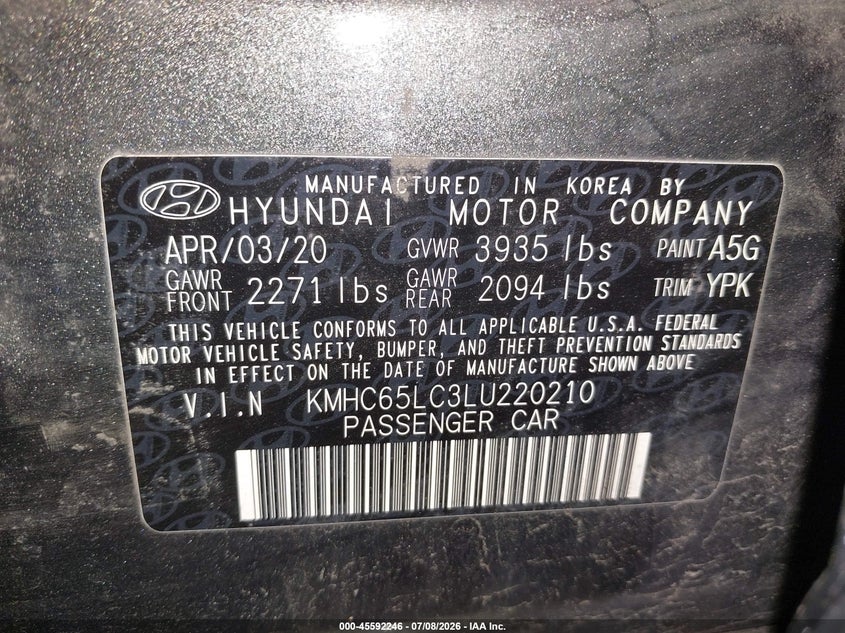 2020 Hyundai Ioniq hybrid VIN KMHC65LC3LU220210 IAAI salvage auction — REAR END, Sf97 (New York), sold $7,750 on 2026-08-20 (photo 9)