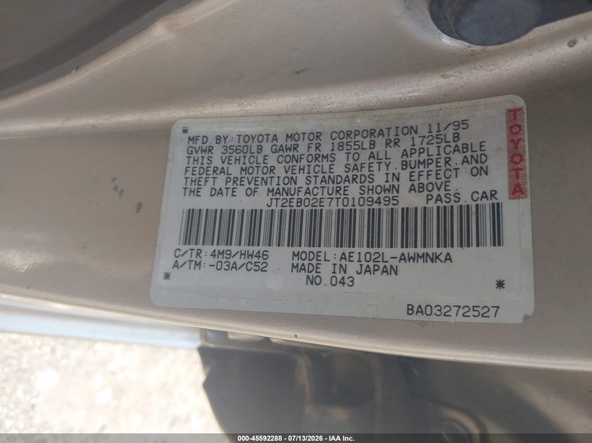 1996 Toyota Corolla VIN JT2EB02E7T0109495 IAAI salvage auction — NORMAL WEAR, Clear (Pennsylvania), sold $2,050 on 2026-07-17 (photo 9)