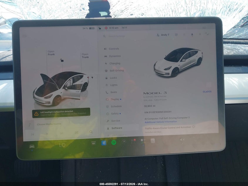 2022 Tesla Model 3 VIN 5YJ3E1EB9NF255091 IAAI salvage auction — LEFT FRONT, Clear (Michigan), sold $7,600 on 2026-07-31 (photo 7)