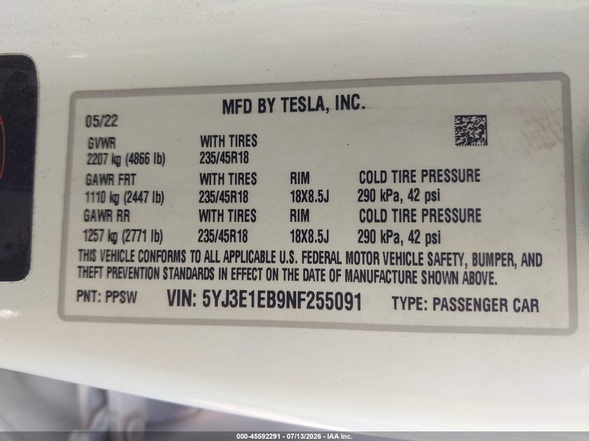 2022 Tesla Model 3 VIN 5YJ3E1EB9NF255091 IAAI salvage auction — LEFT FRONT, Clear (Michigan), sold $7,600 on 2026-07-31 (photo 9)