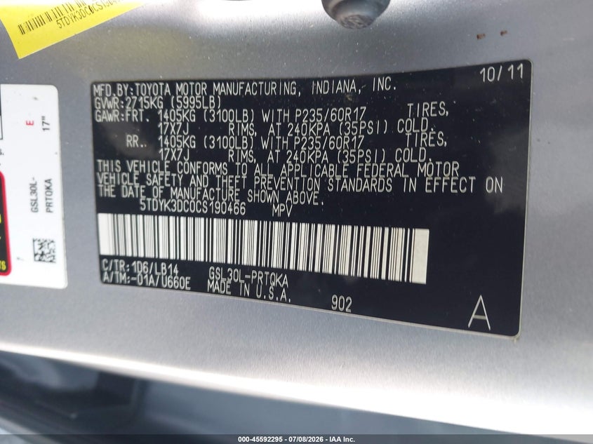2012 Toyota Sienna VIN 5TDYK3DC0CS190466 IAAI salvage auction — REAR END, Clear - Dealer Only (California), sold $2,000 on 2026-07-27 (photo 9)