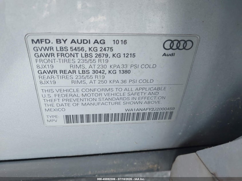 2018 Audi Q5 VIN WA1ANAFY2J2000459 IAAI salvage auction — NORMAL WEAR, Clear (Georgia), sold $4,100 on 2026-07-29 (photo 9)